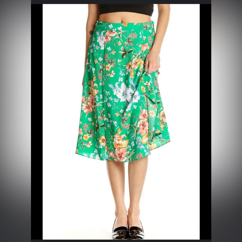 LOFT Green Floral Print Holiday Flared Skirt size 2
